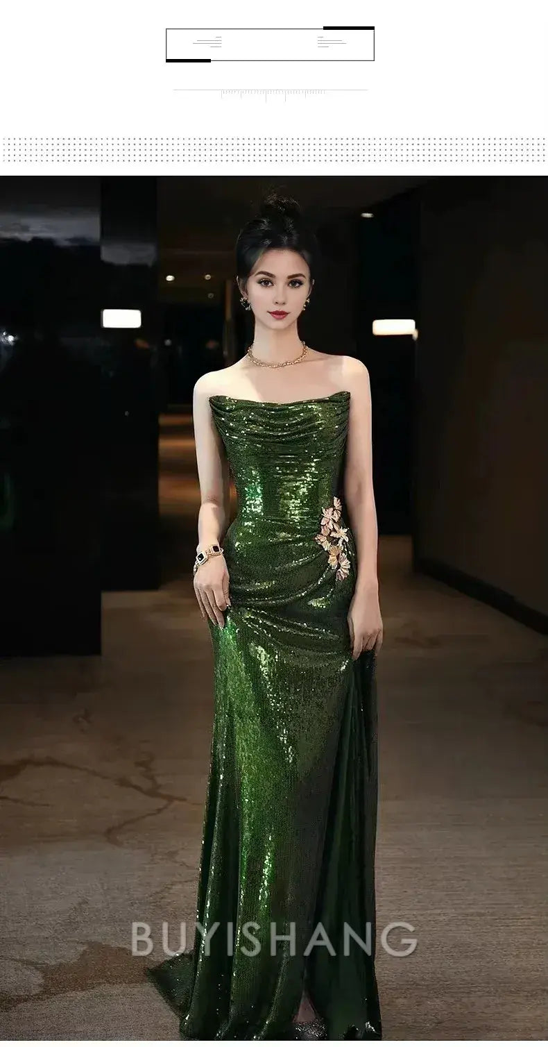 Buyishang Elegant Sexy Mermaid Strapless Dark Green Sequin Long Prom Dresses Evening Gowns