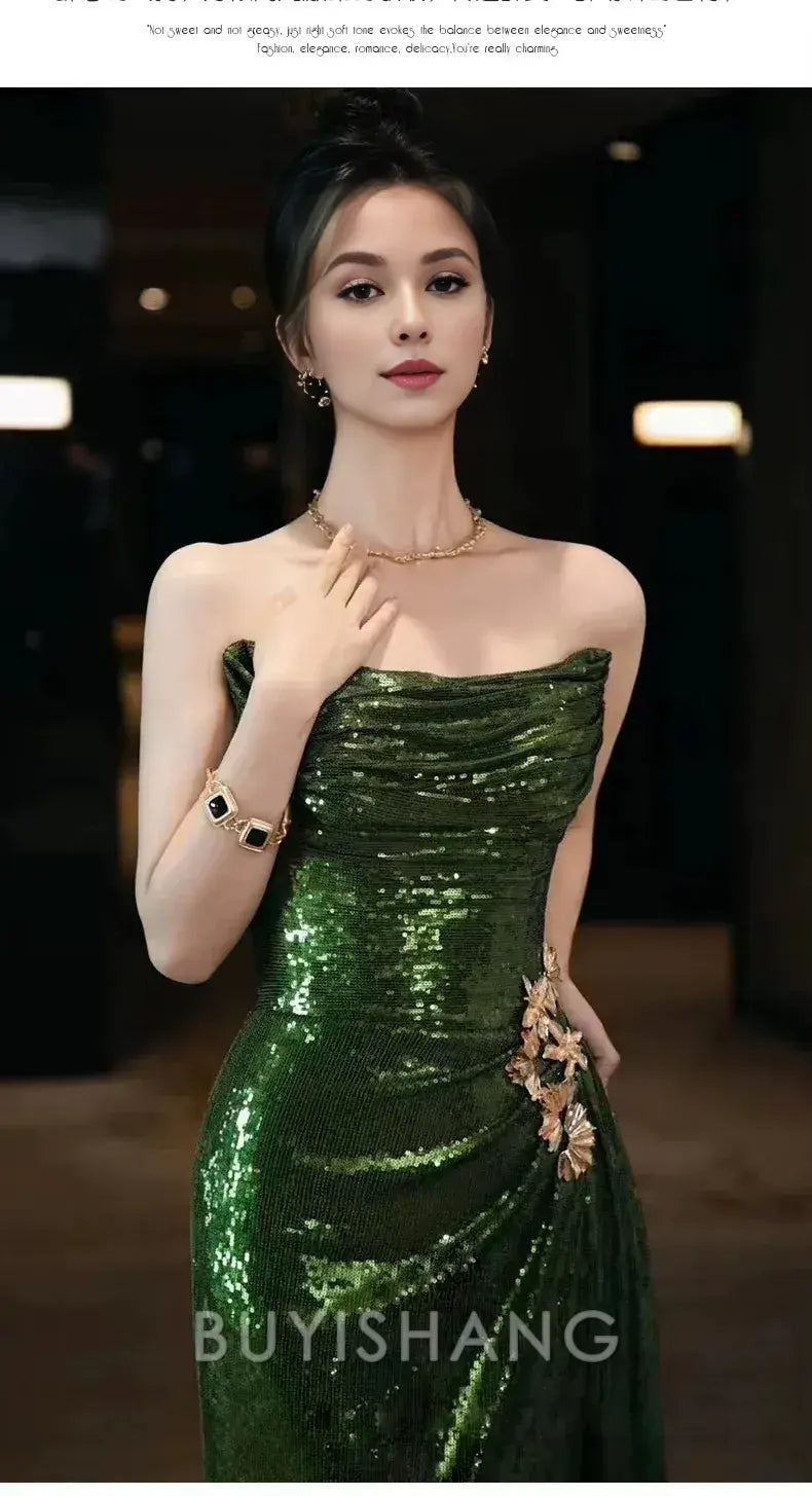 Buyishang Elegant Sexy Mermaid Strapless Dark Green Sequin Long Prom Dresses Evening Gowns
