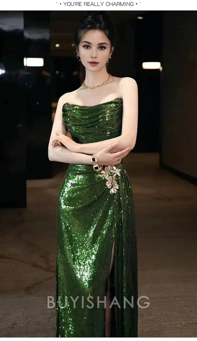 Buyishang Elegant Sexy Mermaid Strapless Dark Green Sequin Long Prom Dresses Evening Gowns