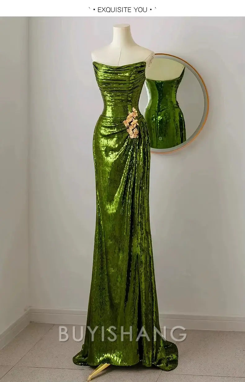 Buyishang Elegant Sexy Mermaid Strapless Dark Green Sequin Long Prom Dresses Evening Gowns