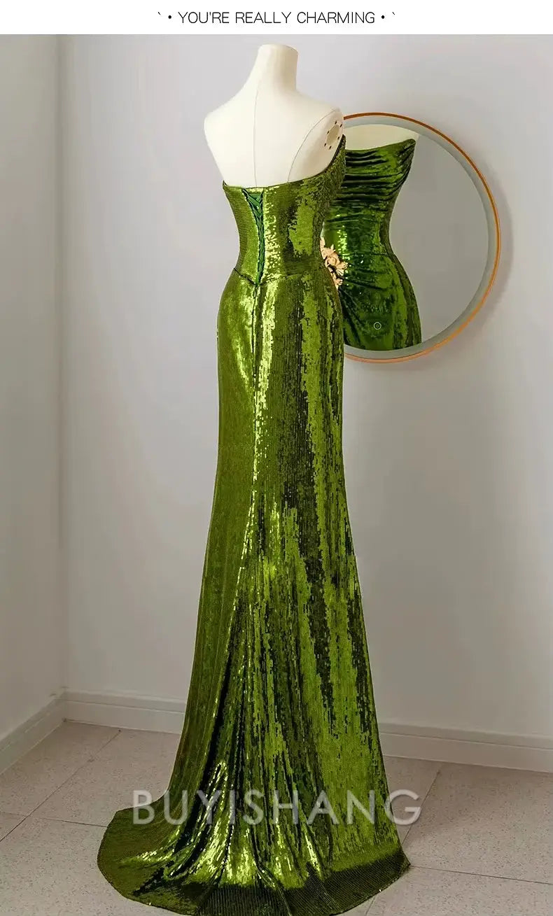 Buyishang Elegant Sexy Mermaid Strapless Dark Green Sequin Long Prom Dresses Evening Gowns