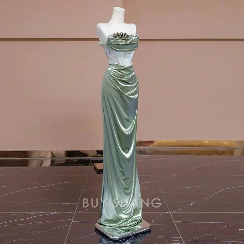 Buyishang Elegant Sexy Mermaid Sweetheart Green Long Evening Dress Satin Prom Dresses