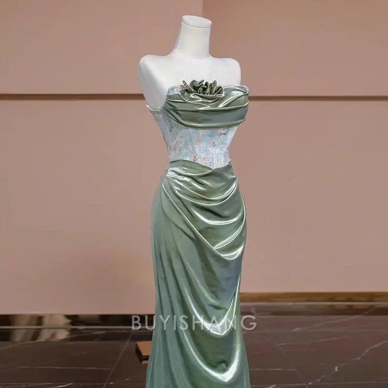 Buyishang Elegant Sexy Mermaid Sweetheart Green Long Evening Dress Satin Prom Dresses