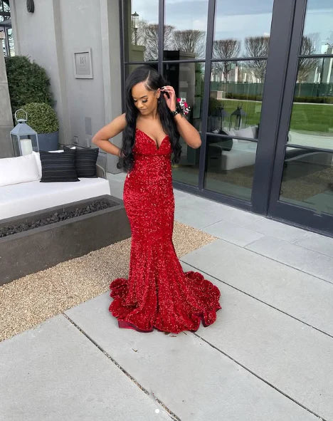 Buyishang Elegant Sexy Mermaid Sweetheart Neckline Sequin Black Girl Red Evening Gown Prom Dresses