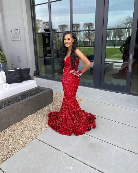 Buyishang Elegant Sexy Mermaid Sweetheart Neckline Sequin Black Girl Red Evening Gown Prom Dresses