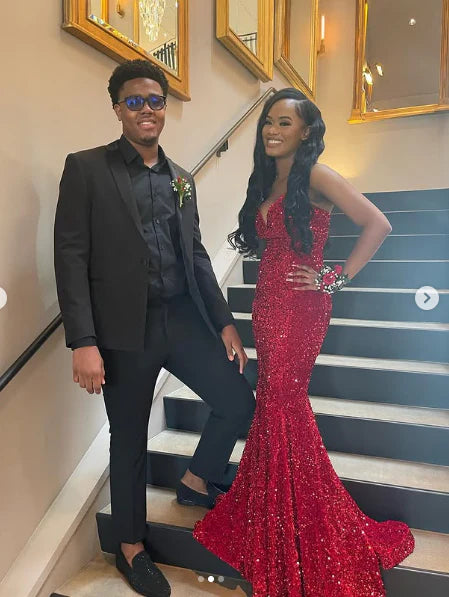 Buyishang Elegant Sexy Mermaid Sweetheart Neckline Sequin Black Girl Red Evening Gown Prom Dresses