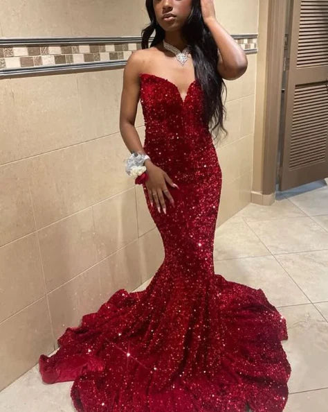 Buyishang Elegant Sexy Mermaid Sweetheart Neckline Sequin Black Girl Red Evening Gown Prom Dresses