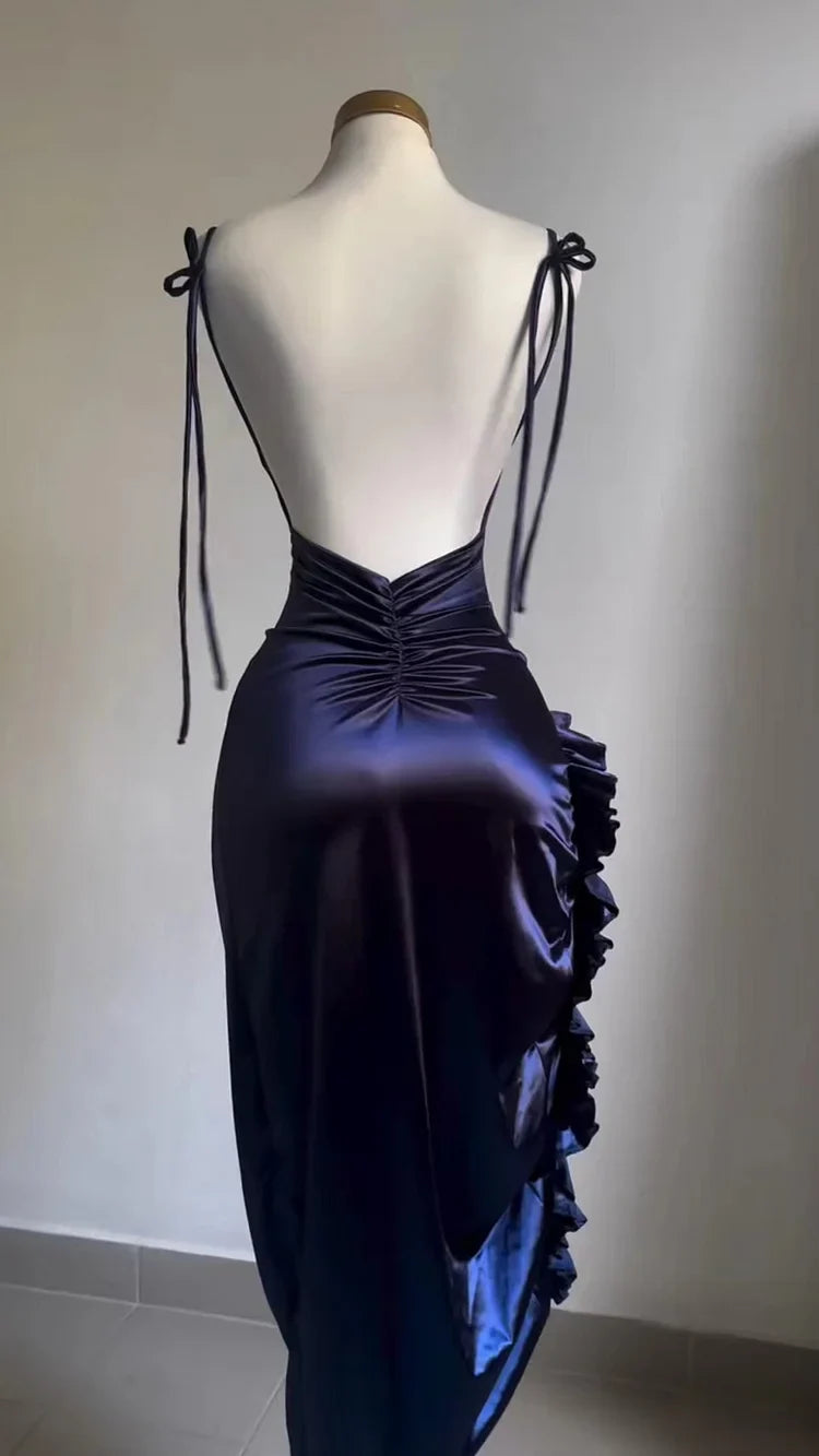 Buyishang Elegant Sexy Sheath Column Spaghetti Straps Navy Blue Backless Satin Prom Dress