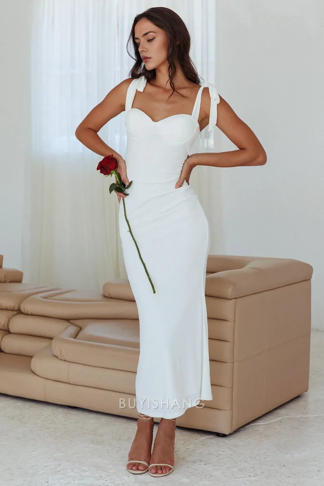Elegant Sheath/Column Bow Strap Sweetheart Neck Maxi Dress prom dress