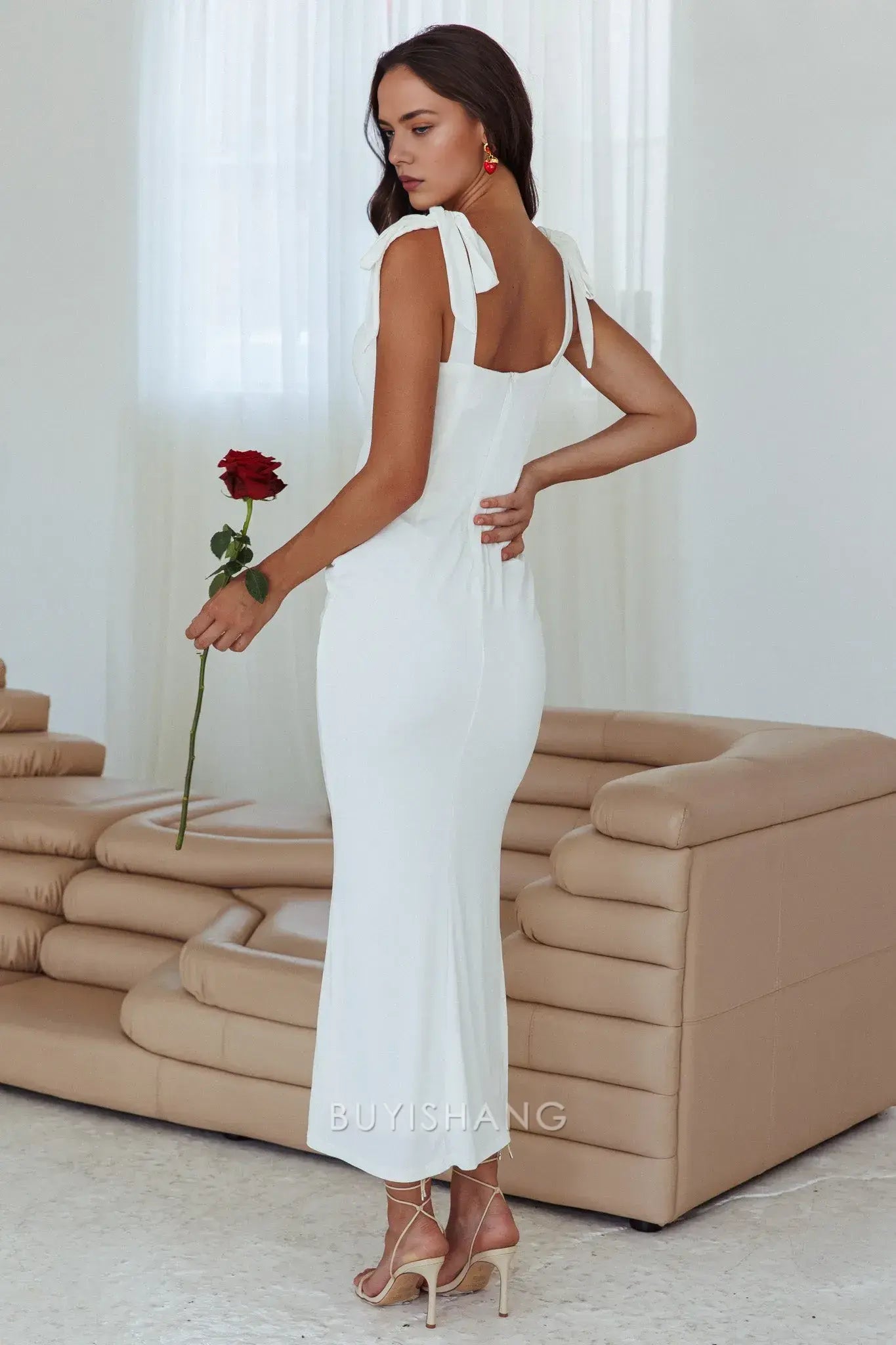 Elegant Sheath/Column Bow Strap Sweetheart Neck Maxi Dress prom dress