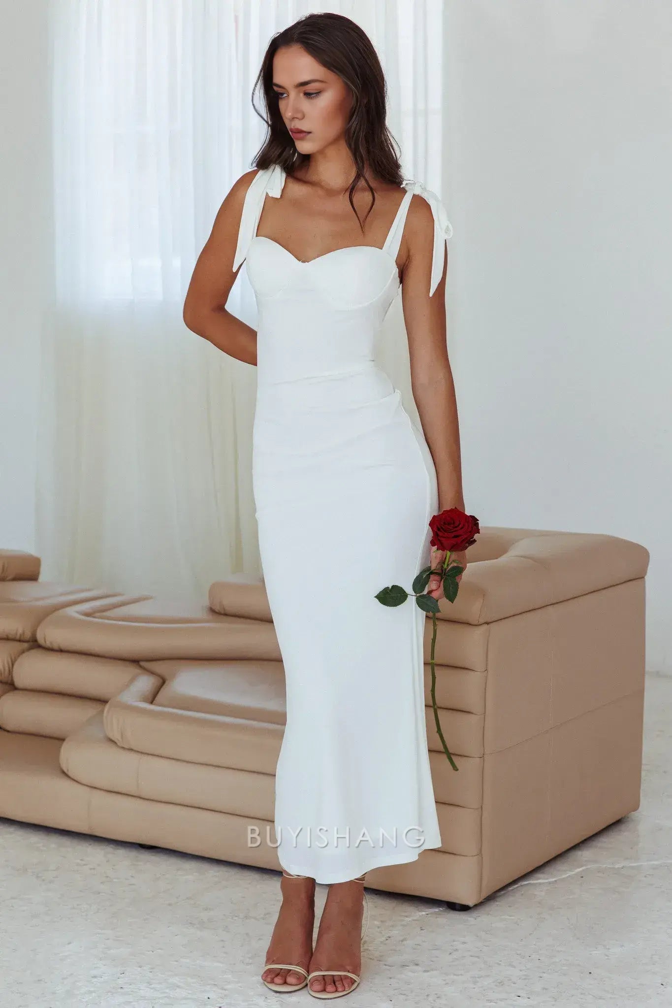 Elegant Sheath/Column Bow Strap Sweetheart Neck Maxi Dress prom dress