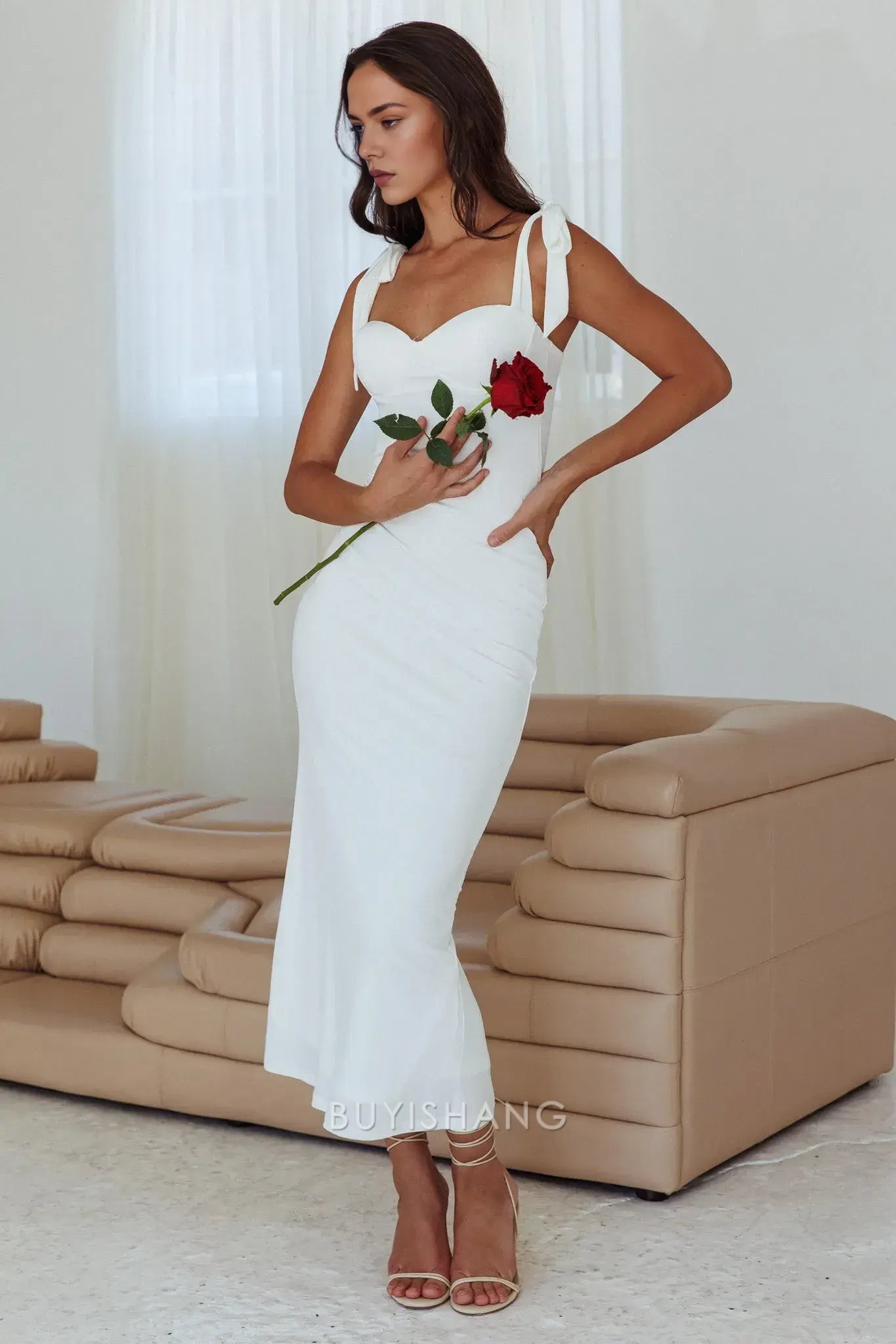 Elegant Sheath/Column Bow Strap Sweetheart Neck Maxi Dress prom dress