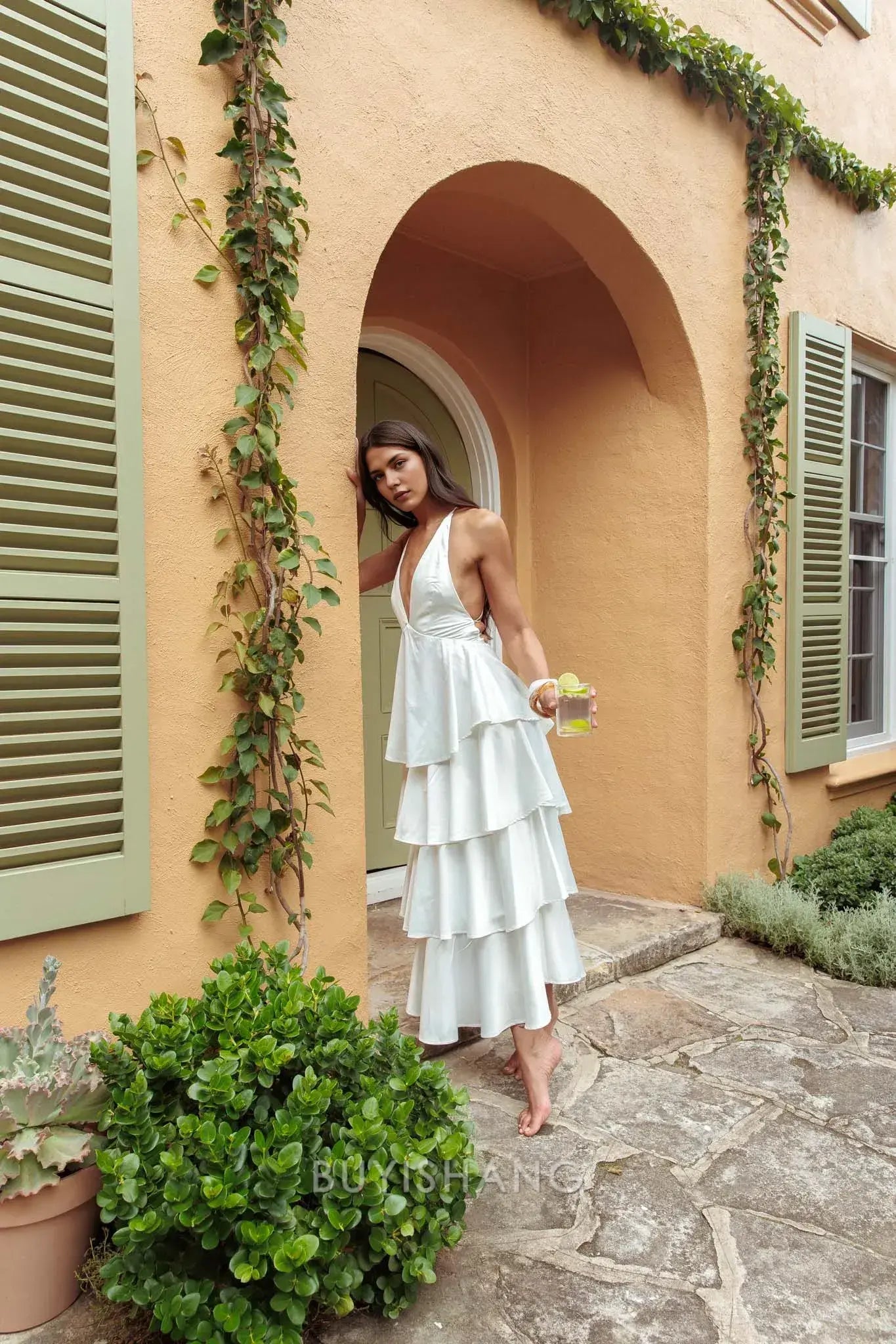 Elegant Sheath/Column Deep V - Neck Tiered Maxi Dress with Criss - Cross Back prom dress