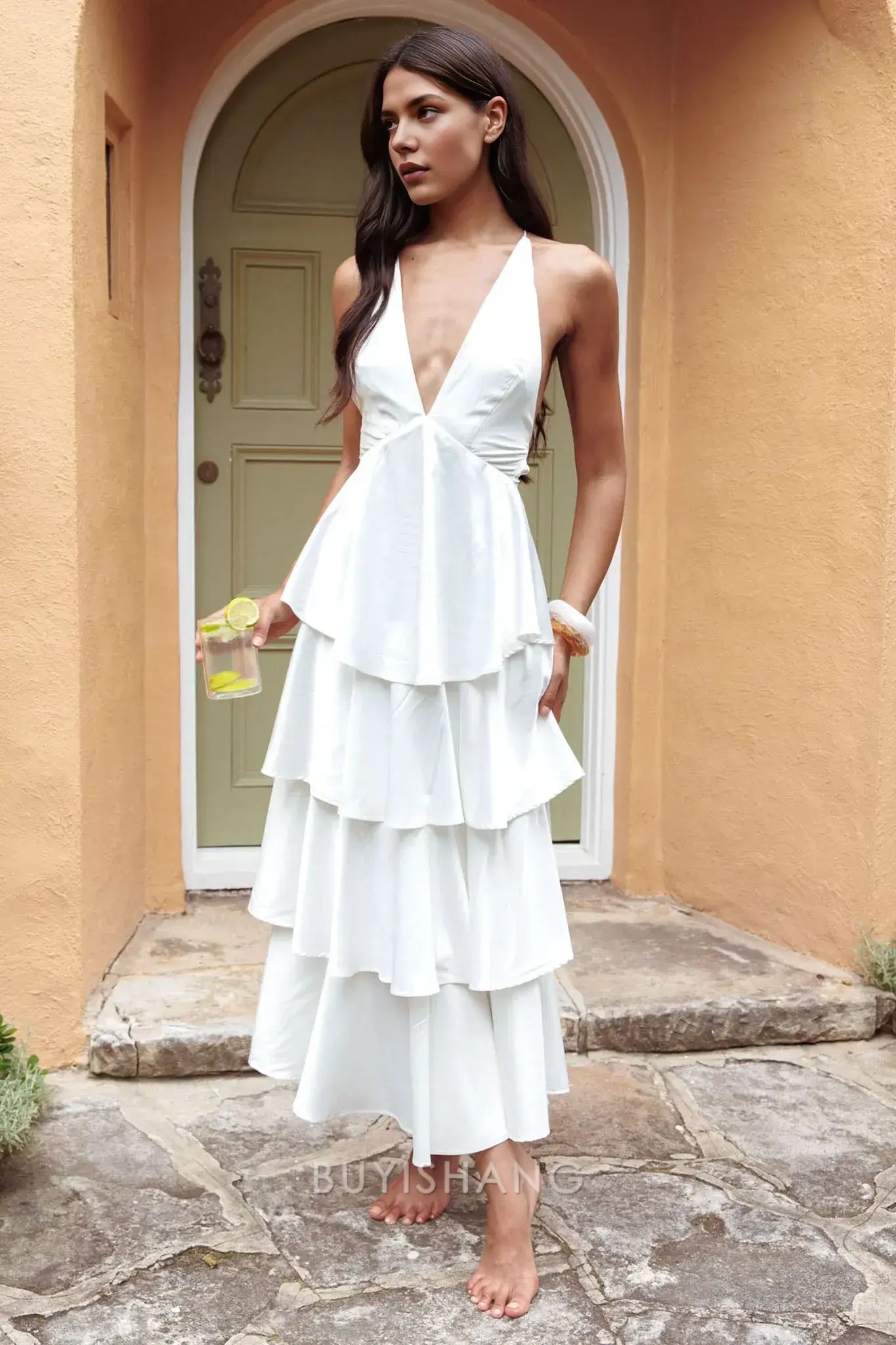 Elegant Sheath/Column Deep V - Neck Tiered Maxi Dress with Criss - Cross Back prom dress