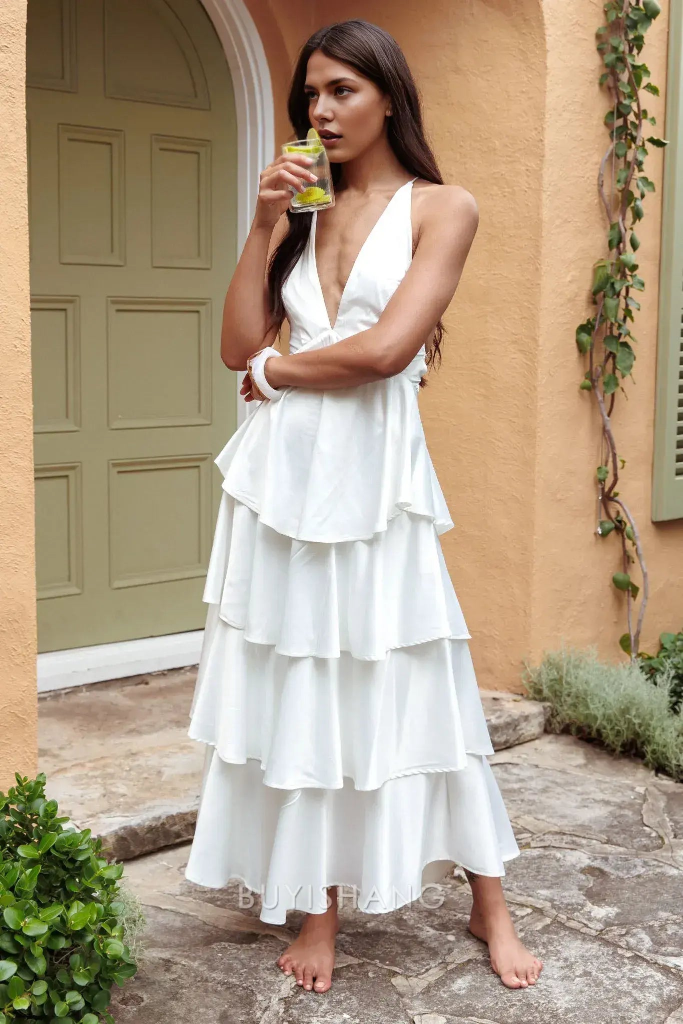Elegant Sheath/Column Deep V - Neck Tiered Maxi Dress with Criss - Cross Back prom dress