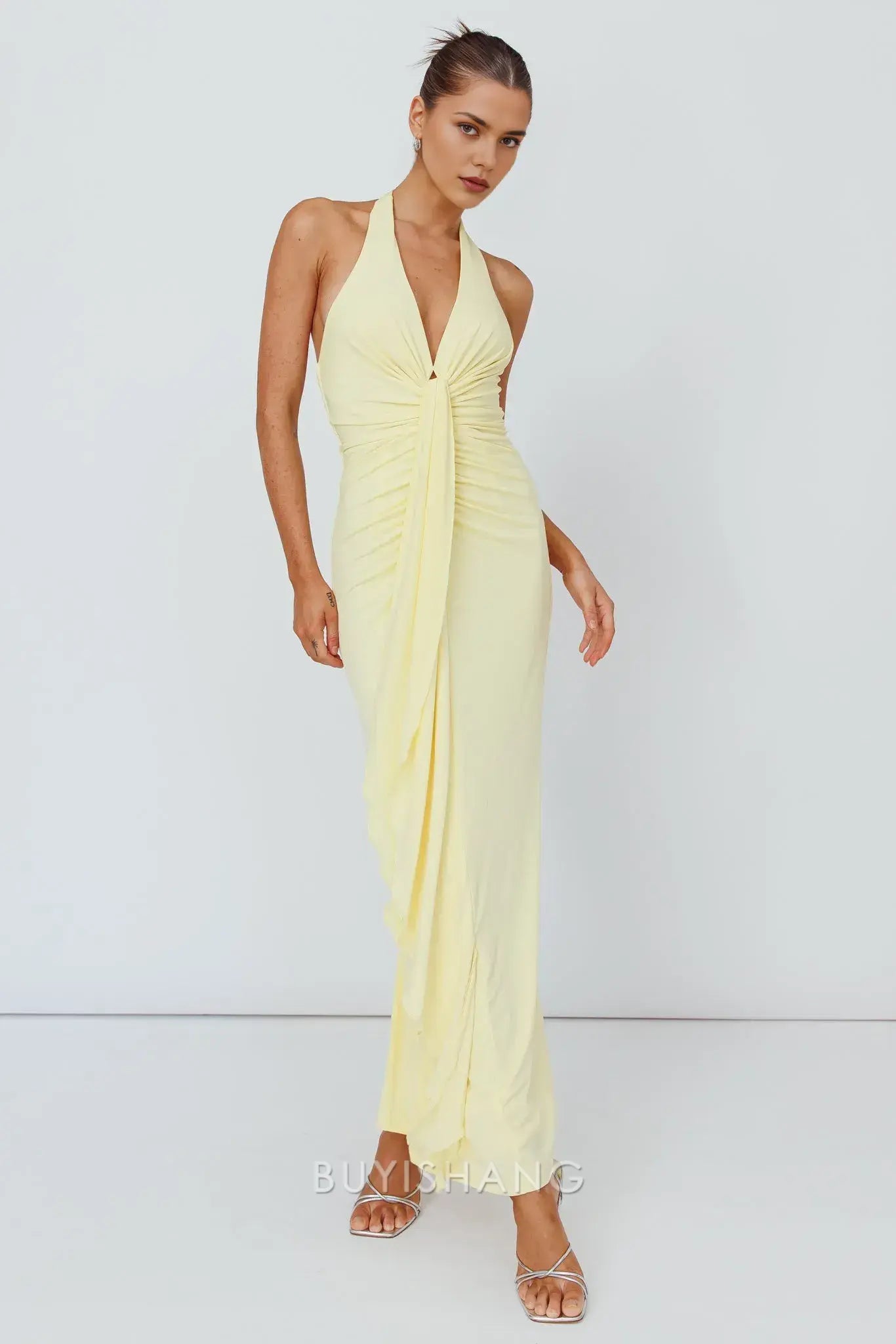Elegant Sheath/Column Halter Neck Deep V - Neck Maxi Dress with Back Tie prom dress