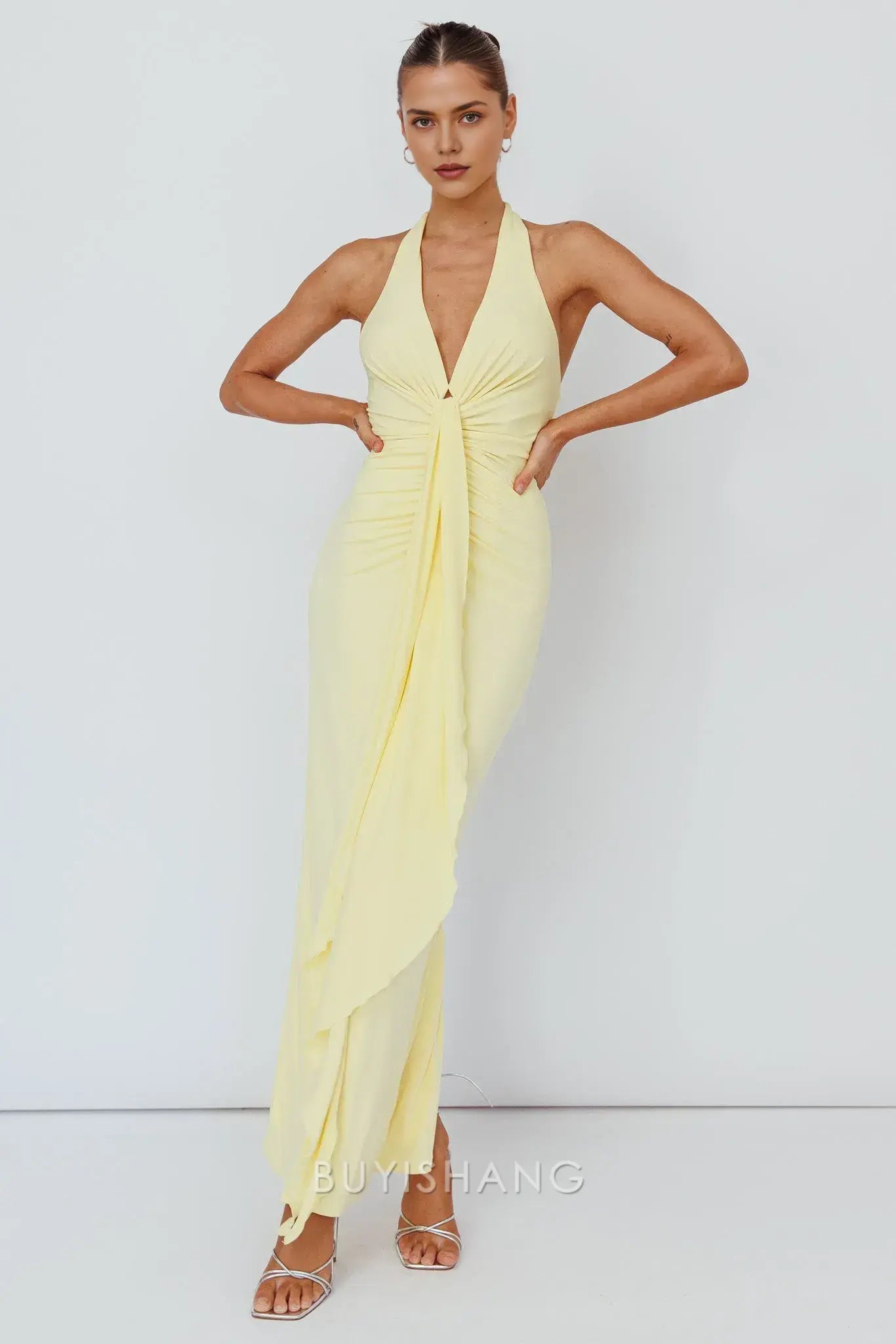 Elegant Sheath/Column Halter Neck Deep V - Neck Maxi Dress with Back Tie prom dress