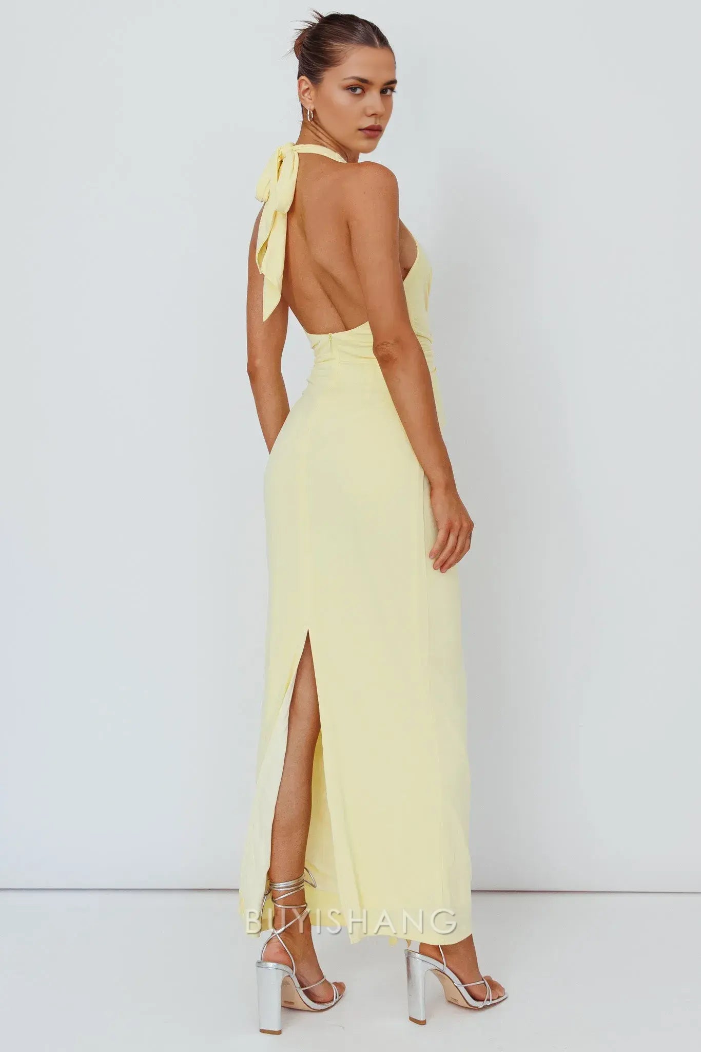 Elegant Sheath/Column Halter Neck Deep V - Neck Maxi Dress with Back Tie prom dress