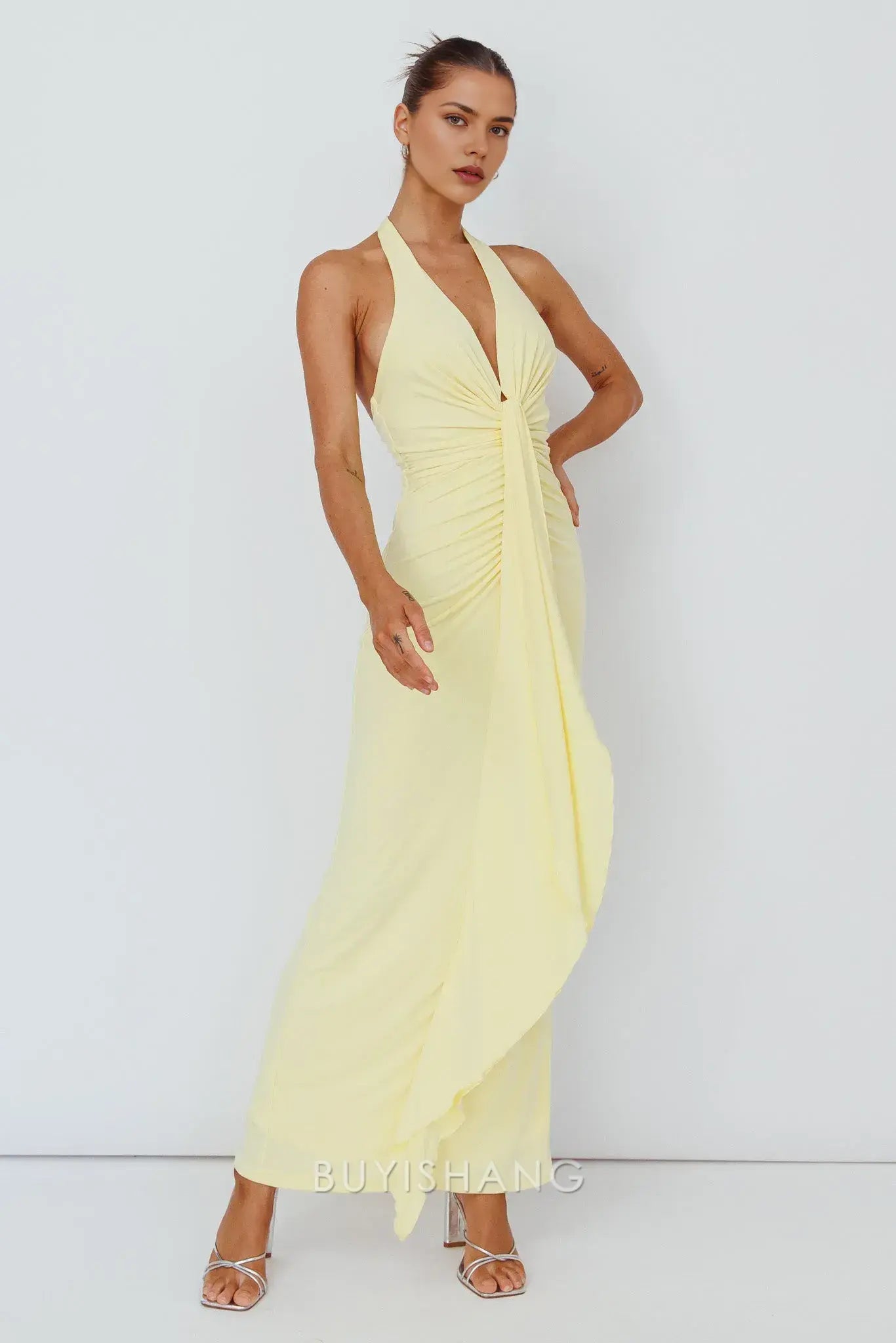 Elegant Sheath/Column Halter Neck Deep V - Neck Maxi Dress with Back Tie prom dress