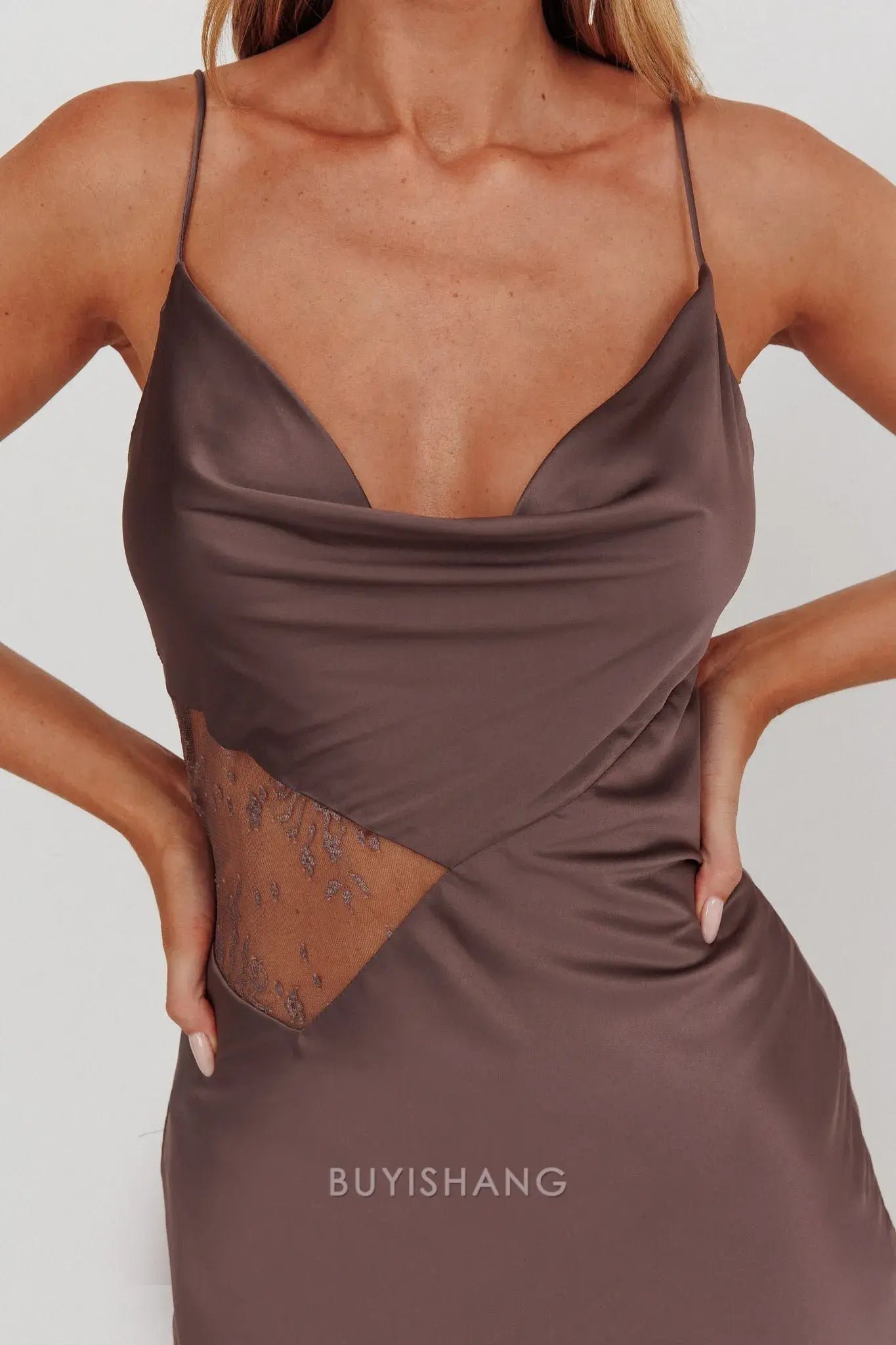 Elegant Sheath/Column Satin Cowl Neck Maxi Dress with Lace Cutout prom dress