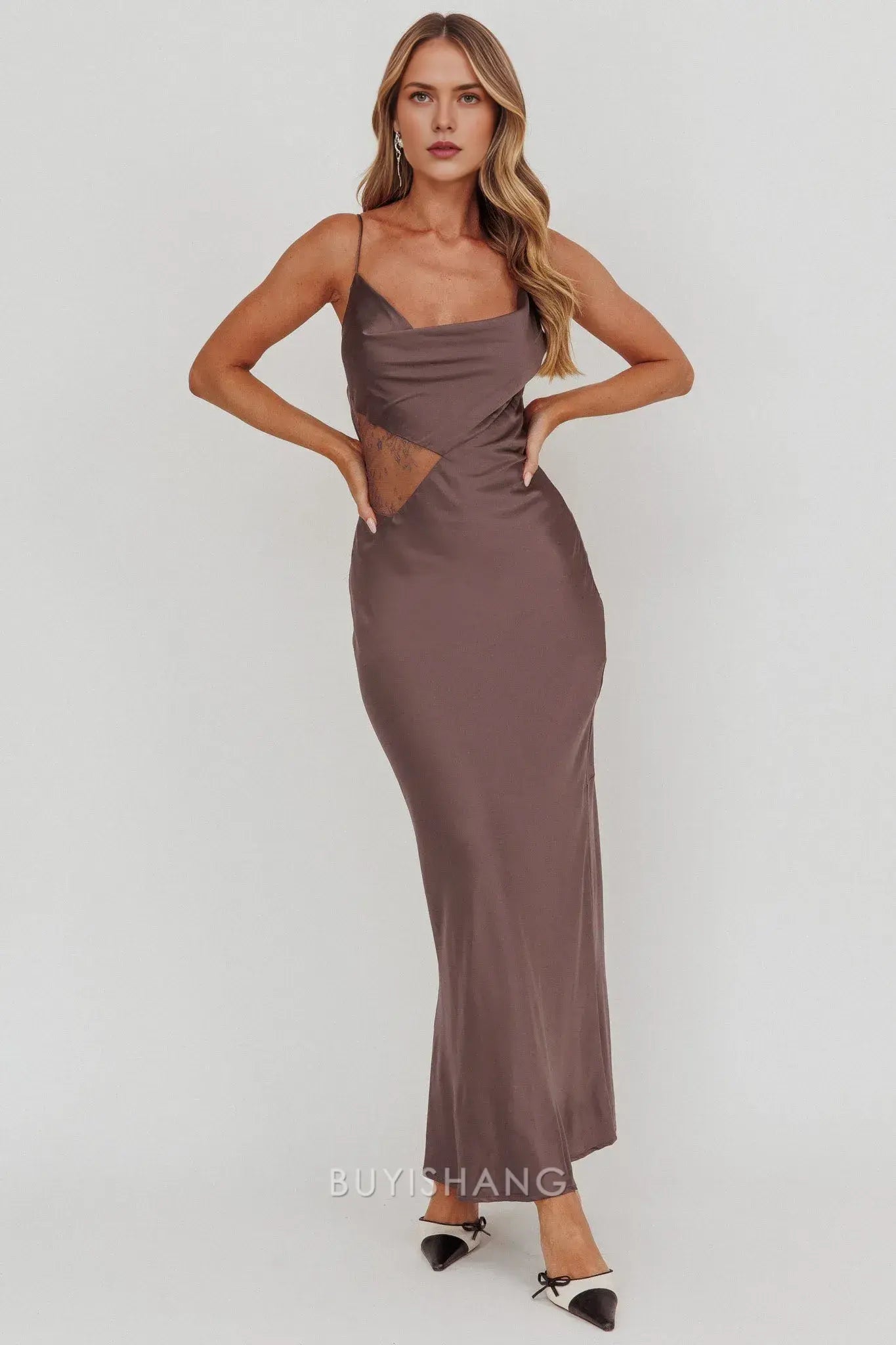 Elegant Sheath/Column Satin Cowl Neck Maxi Dress with Lace Cutout prom dress