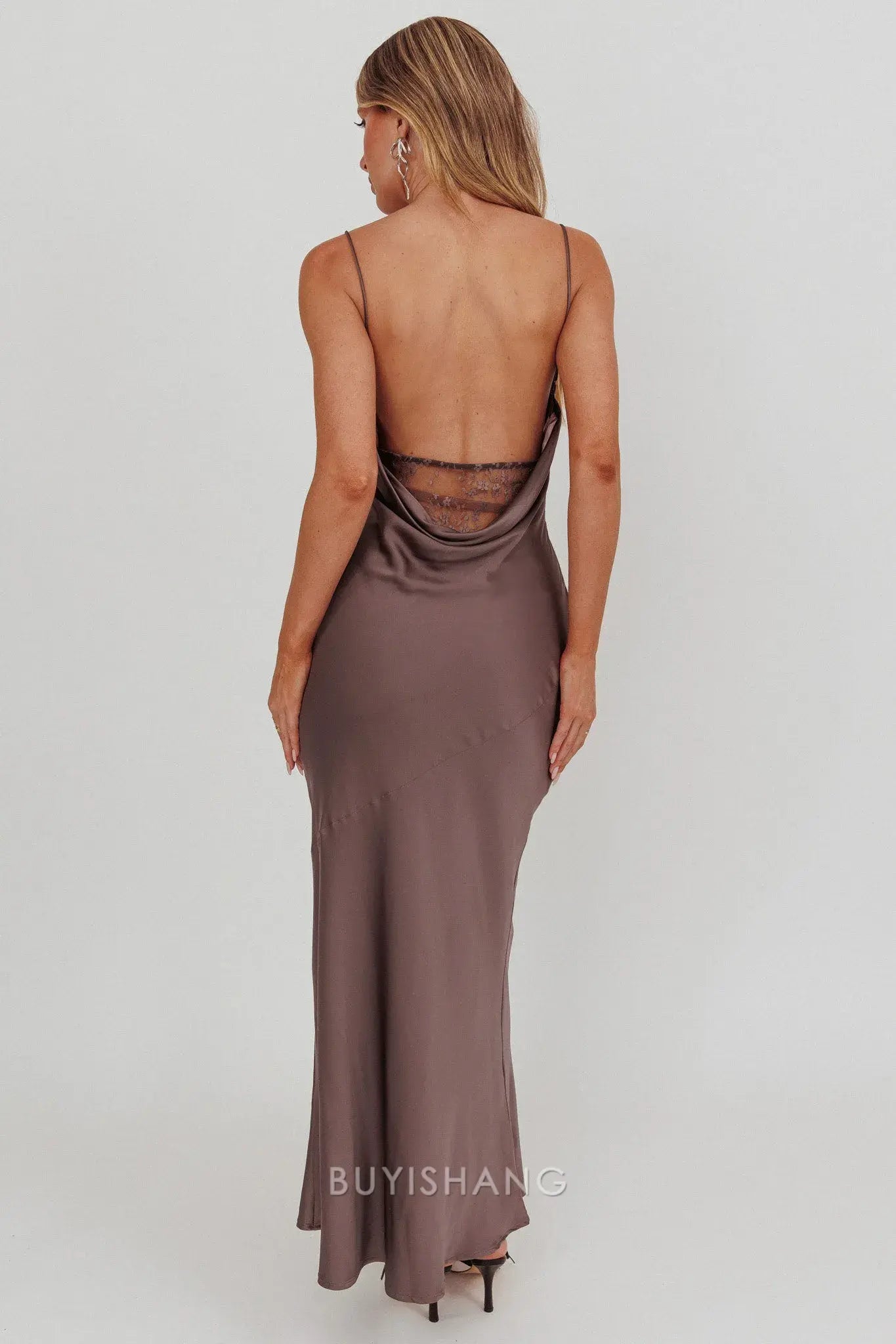 Elegant Sheath/Column Satin Cowl Neck Maxi Dress with Lace Cutout prom dress