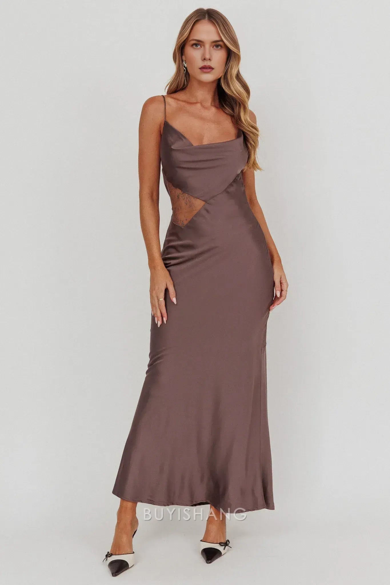 Elegant Sheath/Column Satin Cowl Neck Maxi Dress with Lace Cutout prom dress