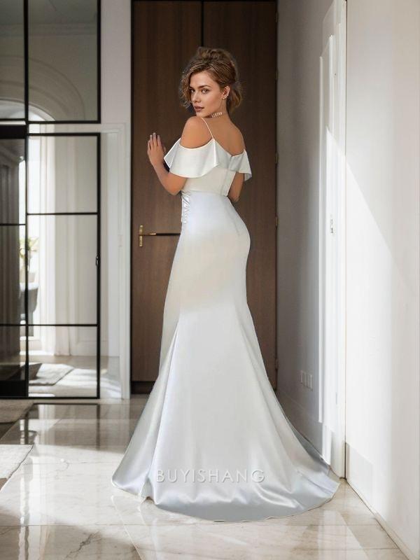 Elegant Sheath/Column Silk like Satin Spaghetti Straps Sleeveless Sweep/Brush Train Dresses Prom Dress