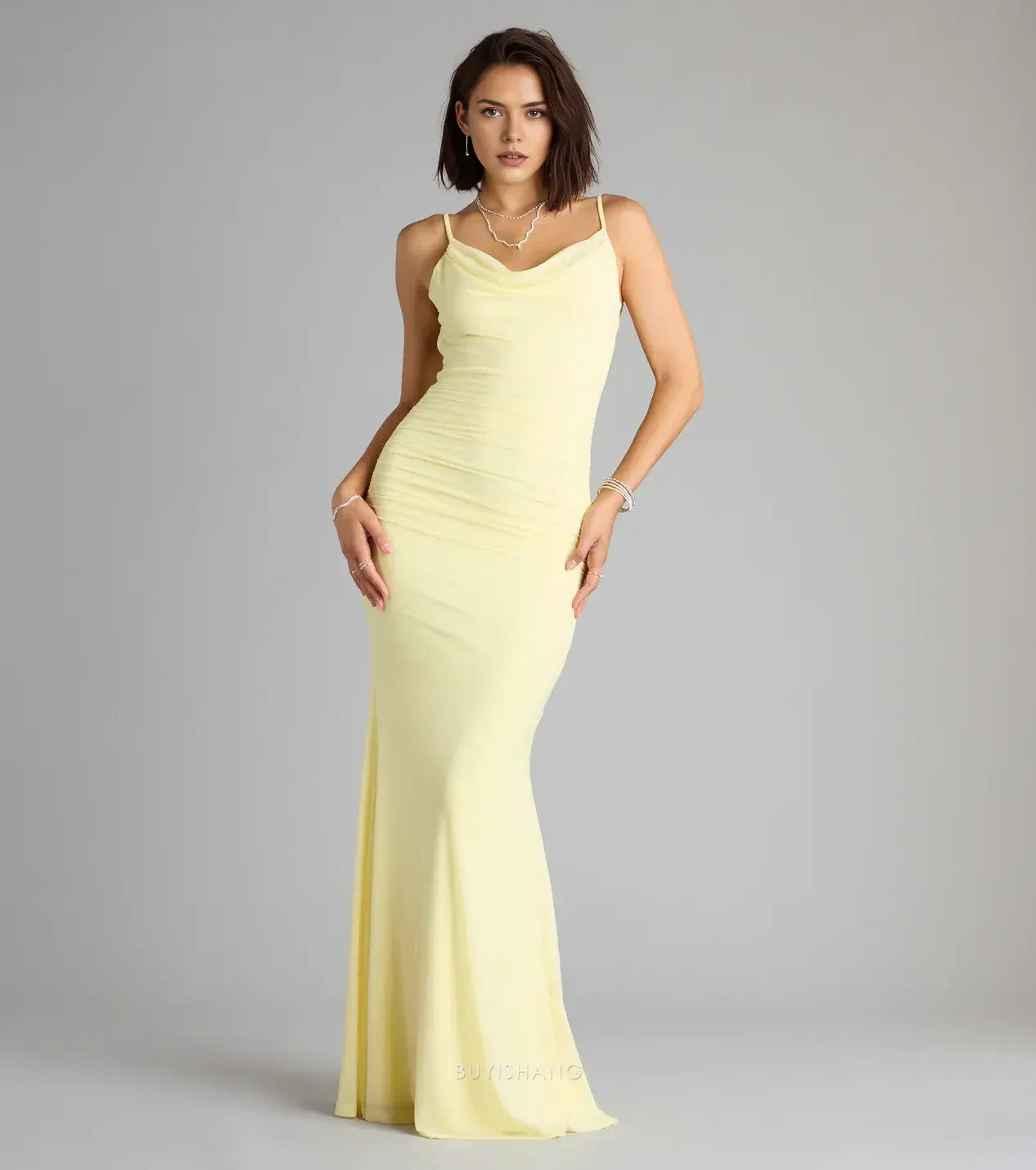Elegant Sheath/Column Spaghetti Strap Cowl Neck Ruched Mermaid Maxi Dress Prom Dress