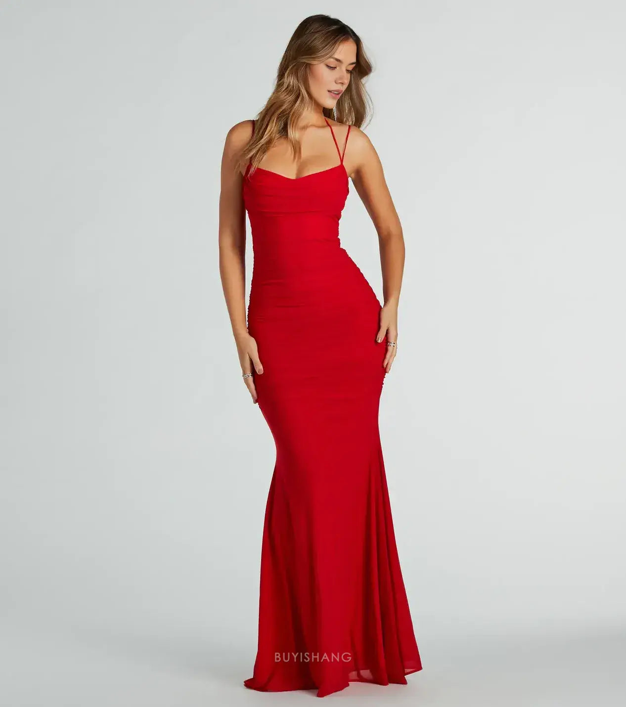 Elegant Sheath/Column Spaghetti Strap Cowl Neck Ruched Mermaid Maxi Dress Prom Dress