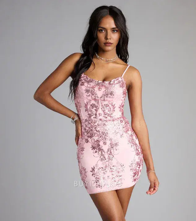 Elegant Sheath/Column Spaghetti Strap Glitter Sequin Corset Mini Dress Prom Dress