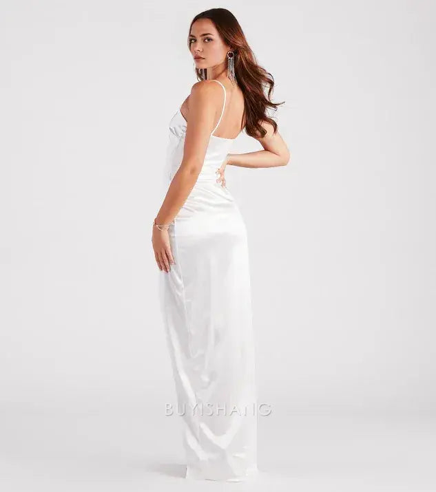 Elegant Sheath/Column Spaghetti Strap Satin Side Slit Maxi Dress Prom Dress