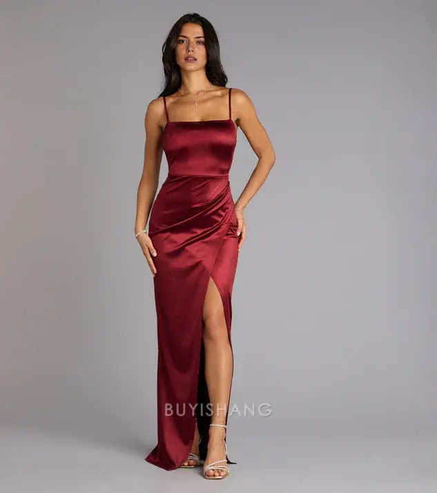 Elegant Sheath/Column Spaghetti Strap Satin Side Slit Maxi Dress Prom Dress