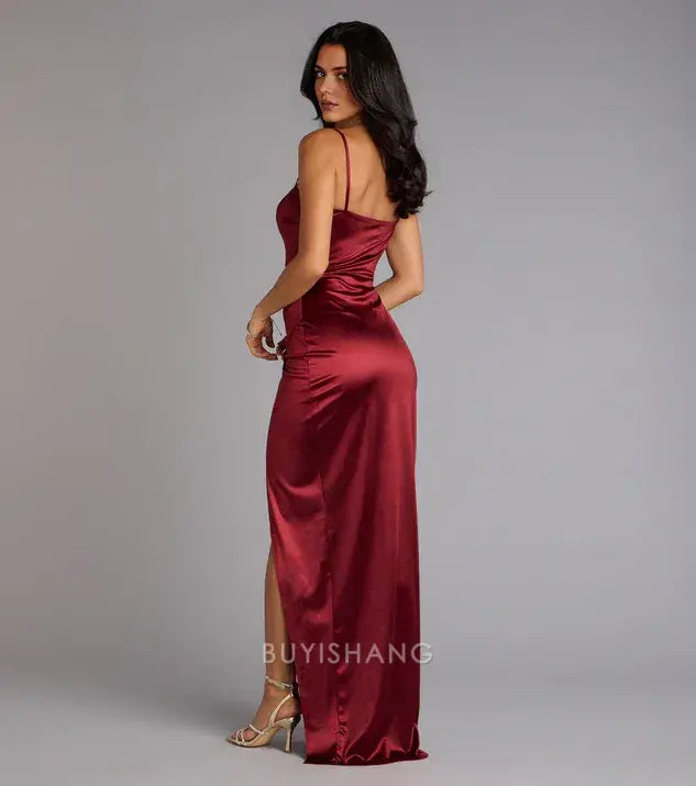 Elegant Sheath/Column Spaghetti Strap Satin Side Slit Maxi Dress Prom Dress