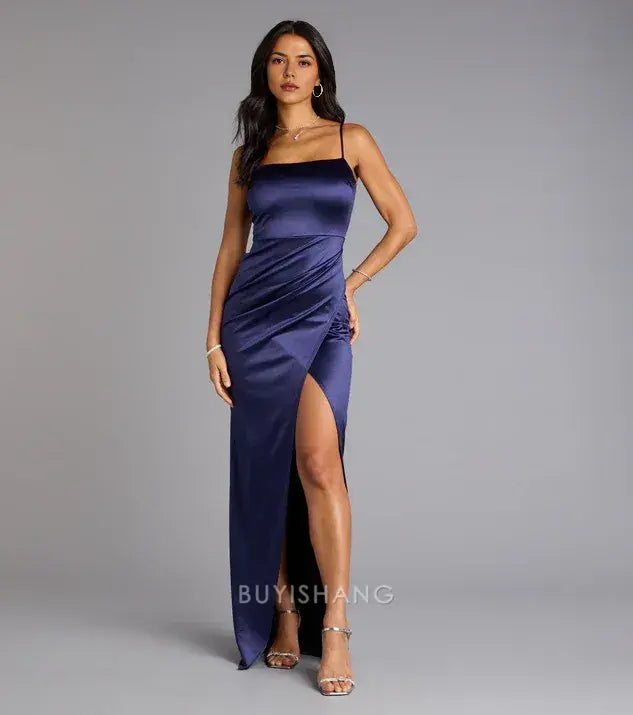 Elegant Sheath/Column Spaghetti Strap Satin Side Slit Maxi Dress Prom Dress