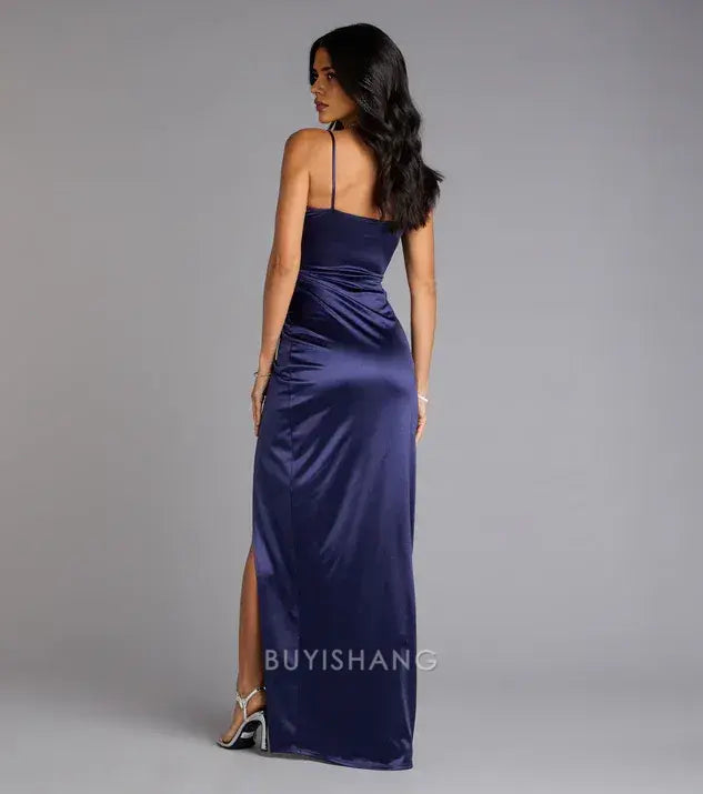Elegant Sheath/Column Spaghetti Strap Satin Side Slit Maxi Dress Prom Dress