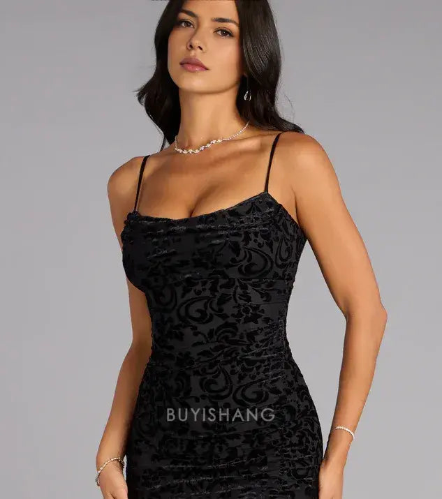 Elegant Sheath/Column Spaghetti Strap Velvet Side Slit Maxi Dress with Criss - Cross Back Prom Dress