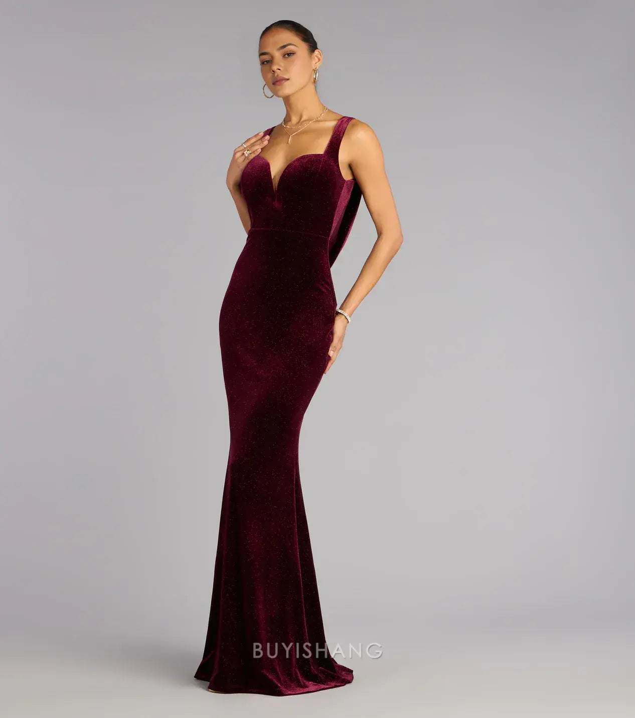 Elegant Sheath/Column Sweetheart Neck Velvet Mermaid Maxi Dress with Open Back Prom Dress