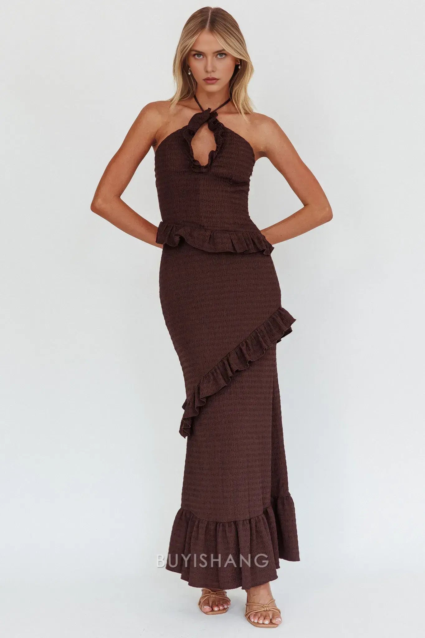 Elegant Sheath Ruffled Halter Neck Maxi Dress prom dress