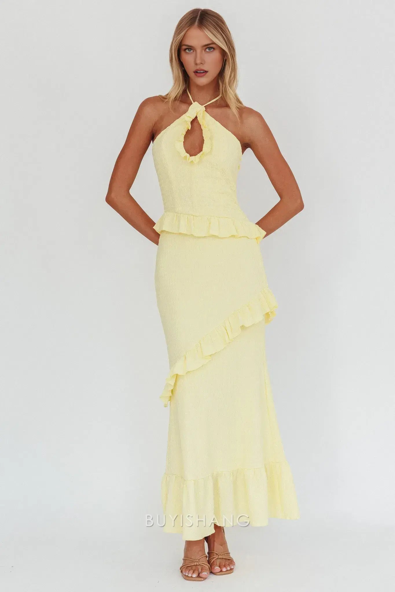 Elegant Sheath Ruffled Halter Neck Maxi Dress prom dress