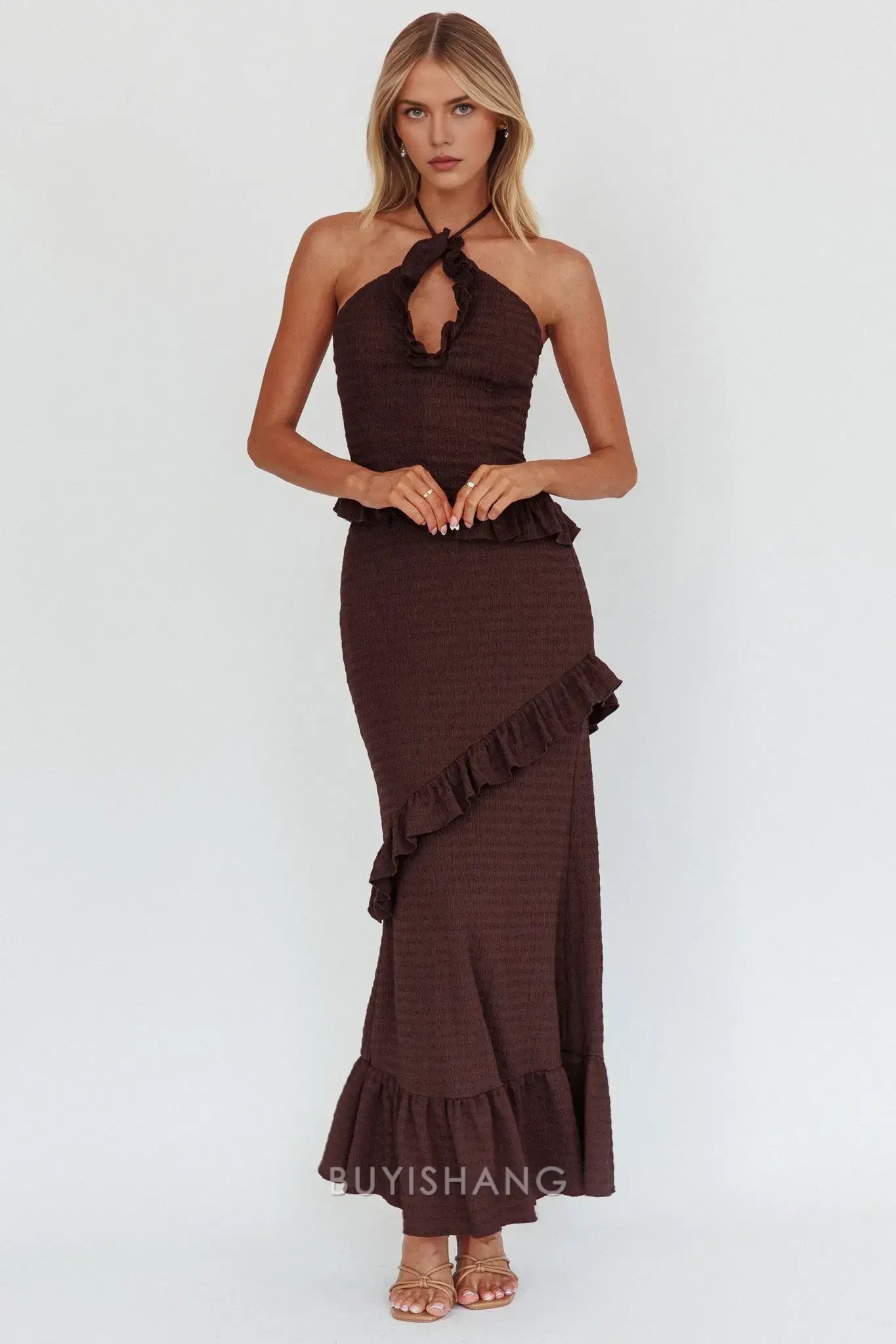 Elegant Sheath Ruffled Halter Neck Maxi Dress prom dress