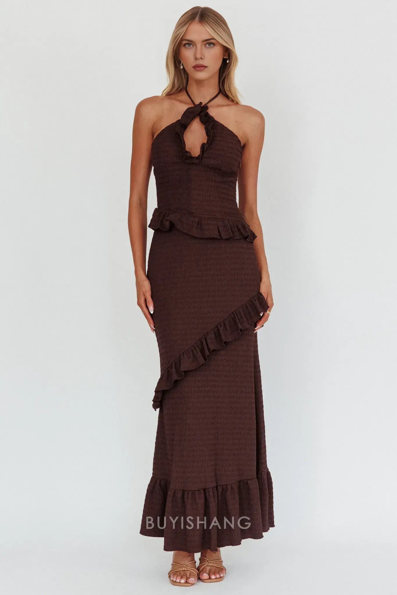 Elegant Sheath Ruffled Halter Neck Maxi Dress prom dress