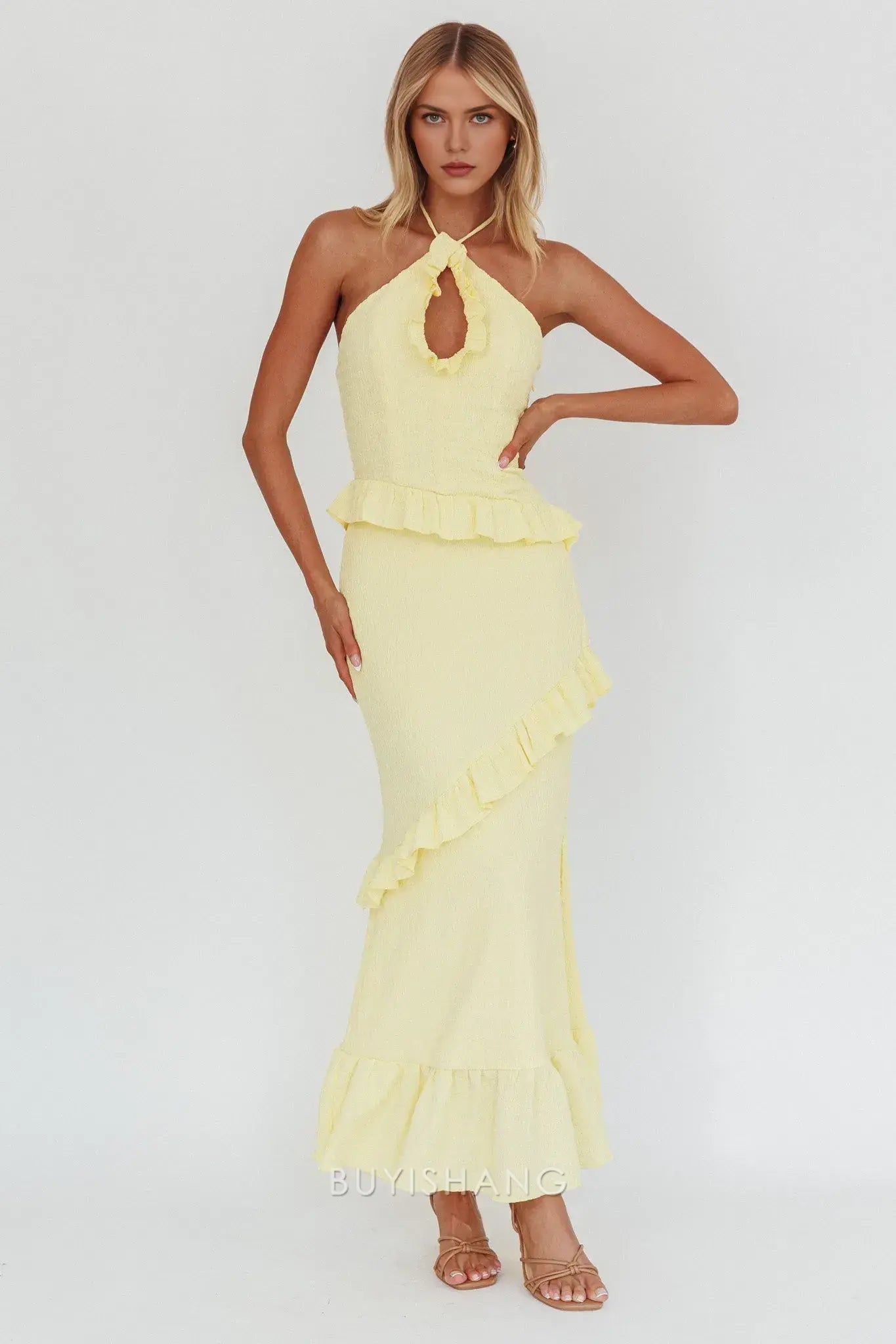 Elegant Sheath Ruffled Halter Neck Maxi Dress prom dress