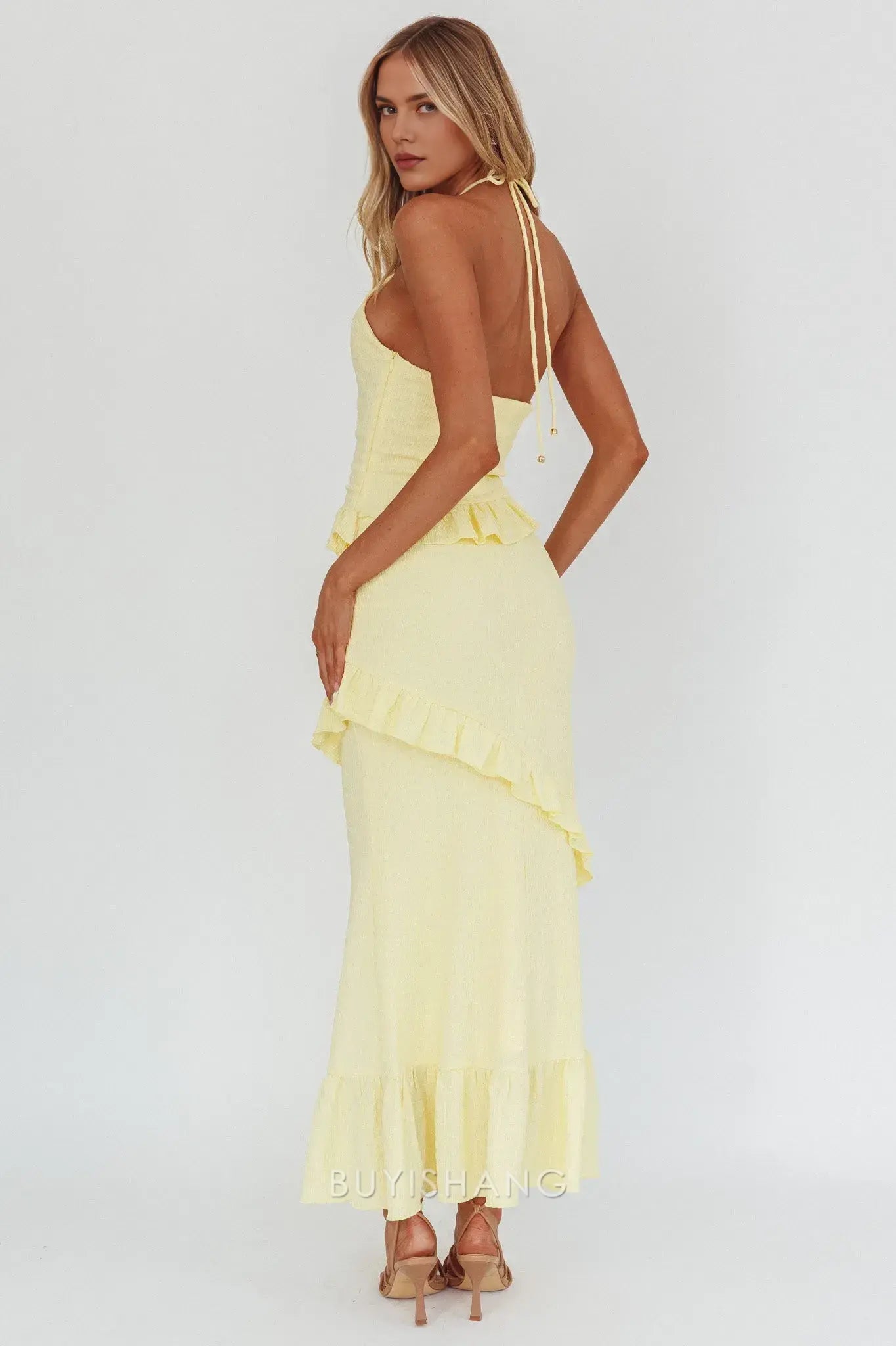 Elegant Sheath Ruffled Halter Neck Maxi Dress prom dress