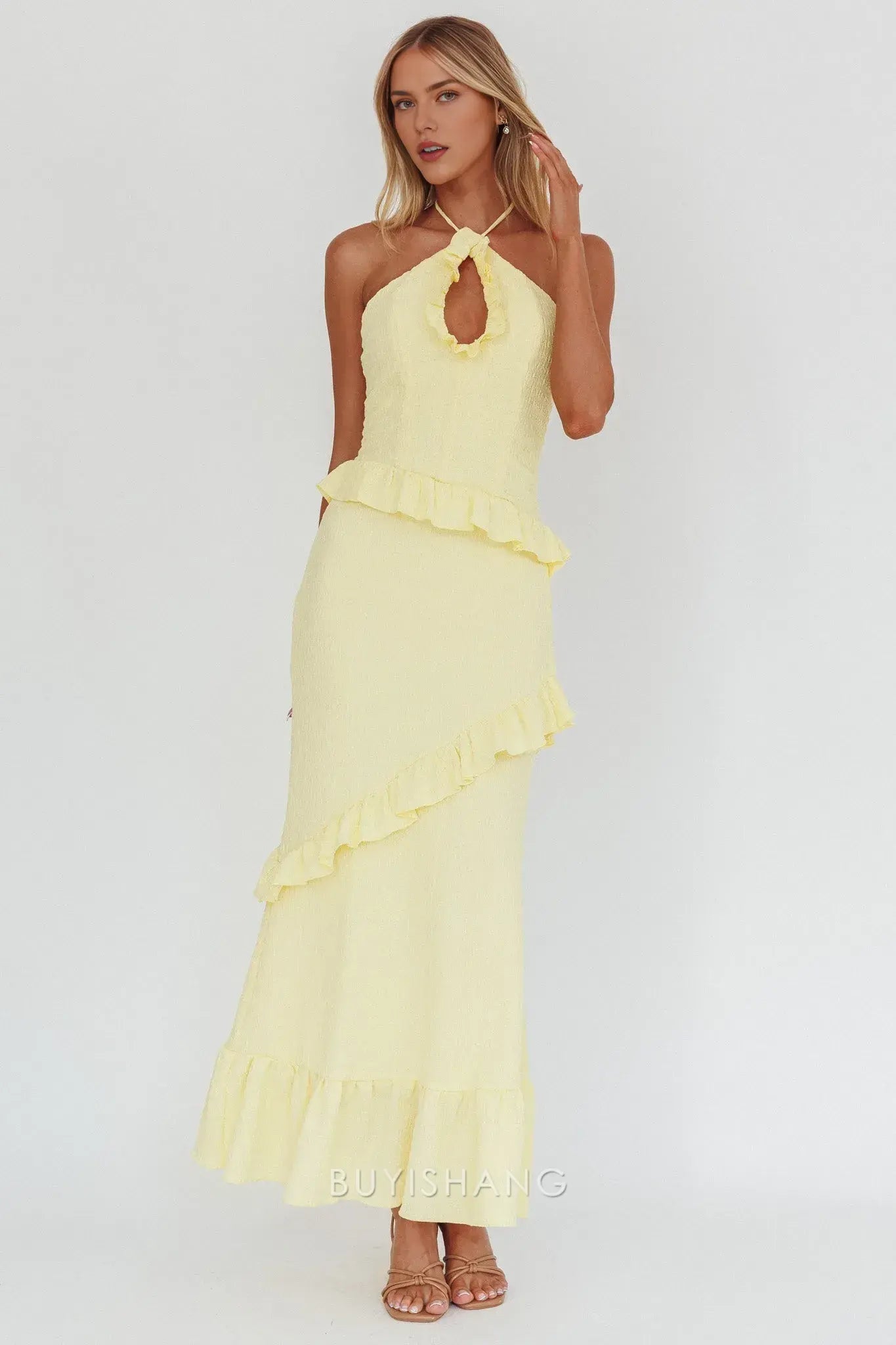 Elegant Sheath Ruffled Halter Neck Maxi Dress prom dress
