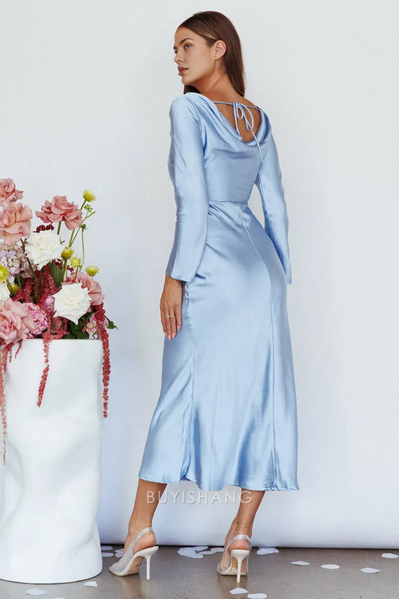 Elegant Sheath Scoop Satin Long Sleeve Maxi Dress with Cowl Back prom dress