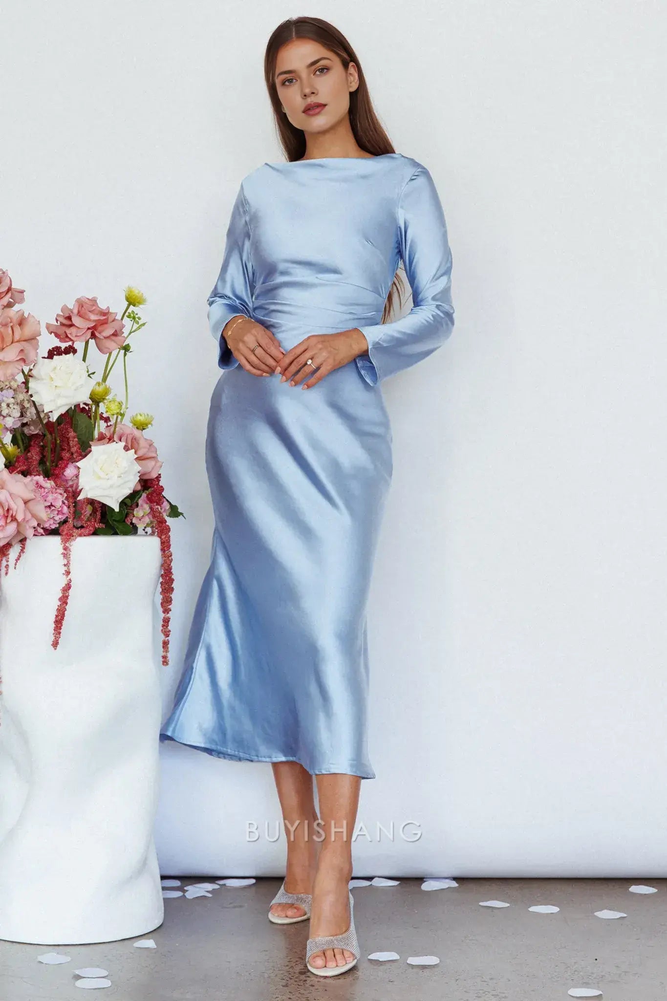 Elegant Sheath Scoop Satin Long Sleeve Maxi Dress with Cowl Back prom dress