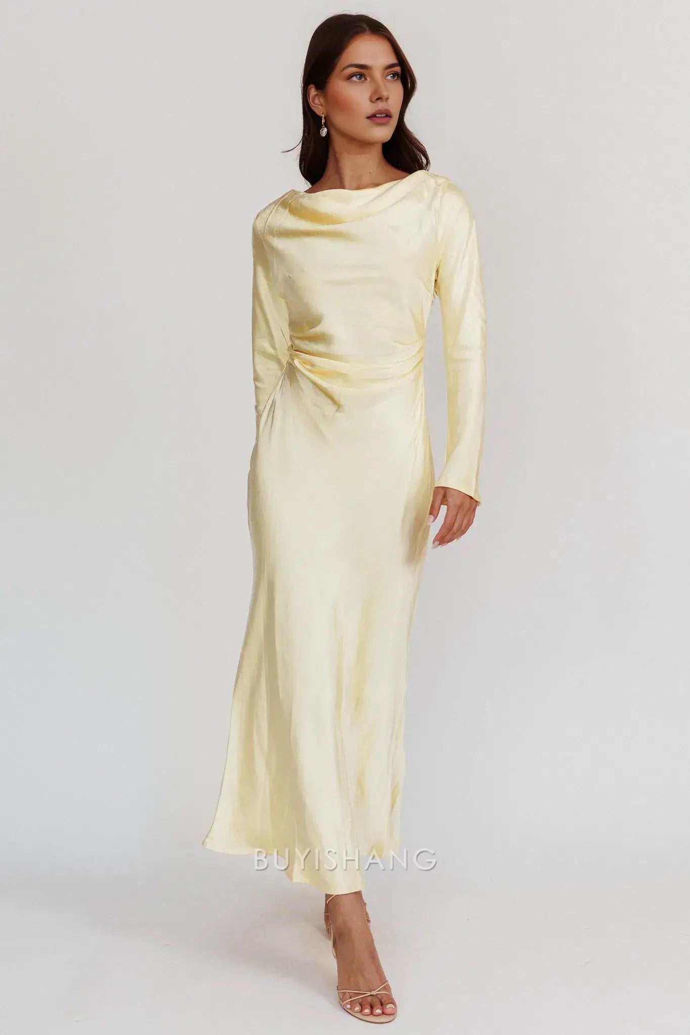 Elegant Sheath Scoop Satin Long Sleeve Maxi Dress with Cowl Back prom dress