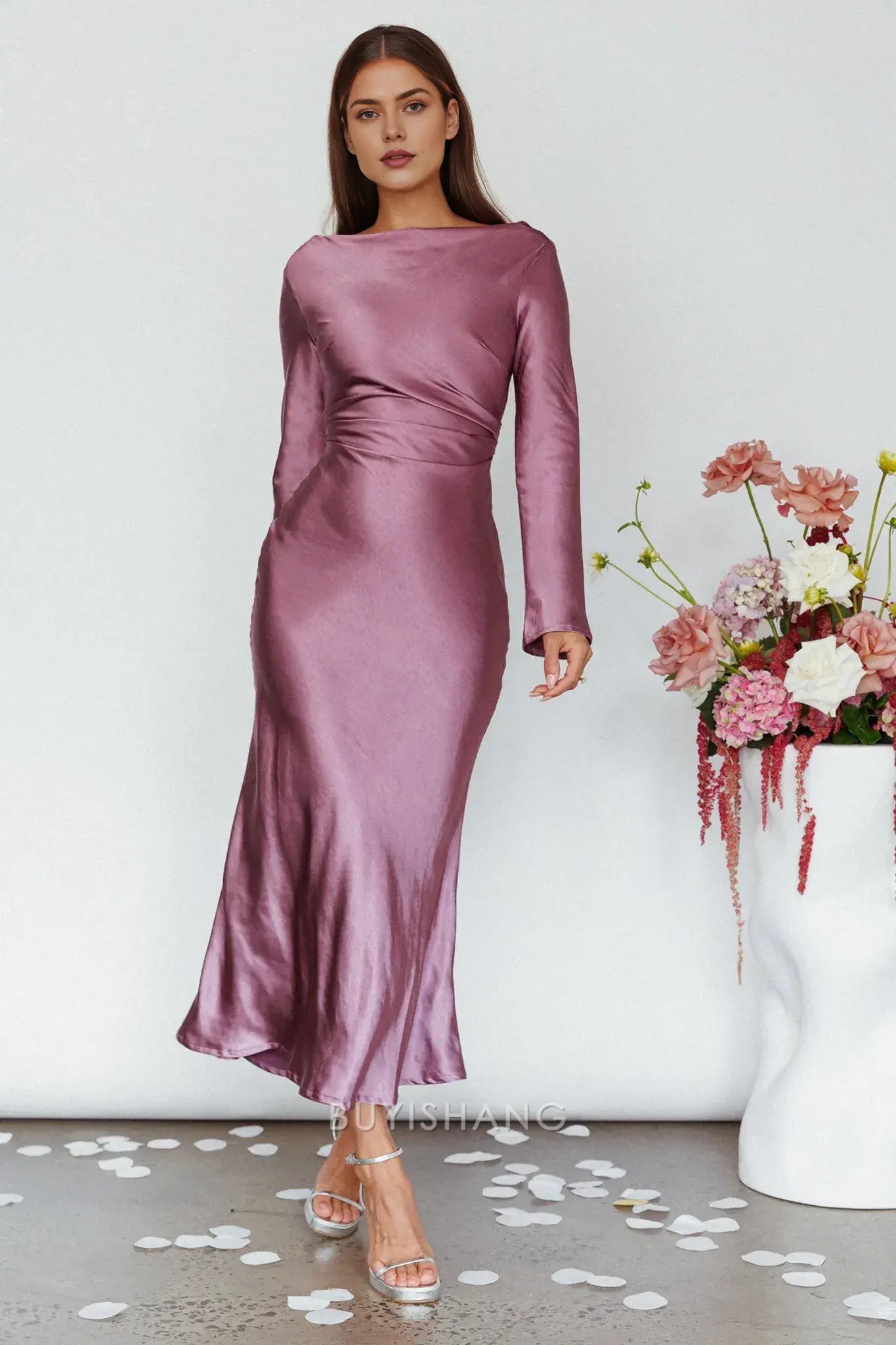 Elegant Sheath Scoop Satin Long Sleeve Maxi Dress with Cowl Back prom dress