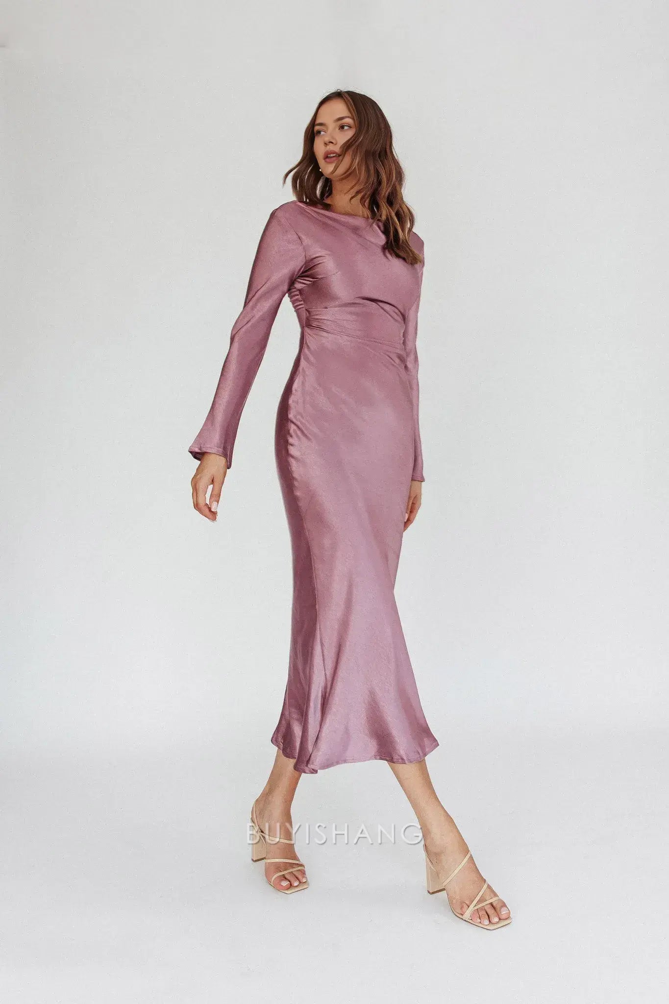 Elegant Sheath Scoop Satin Long Sleeve Maxi Dress with Cowl Back prom dress